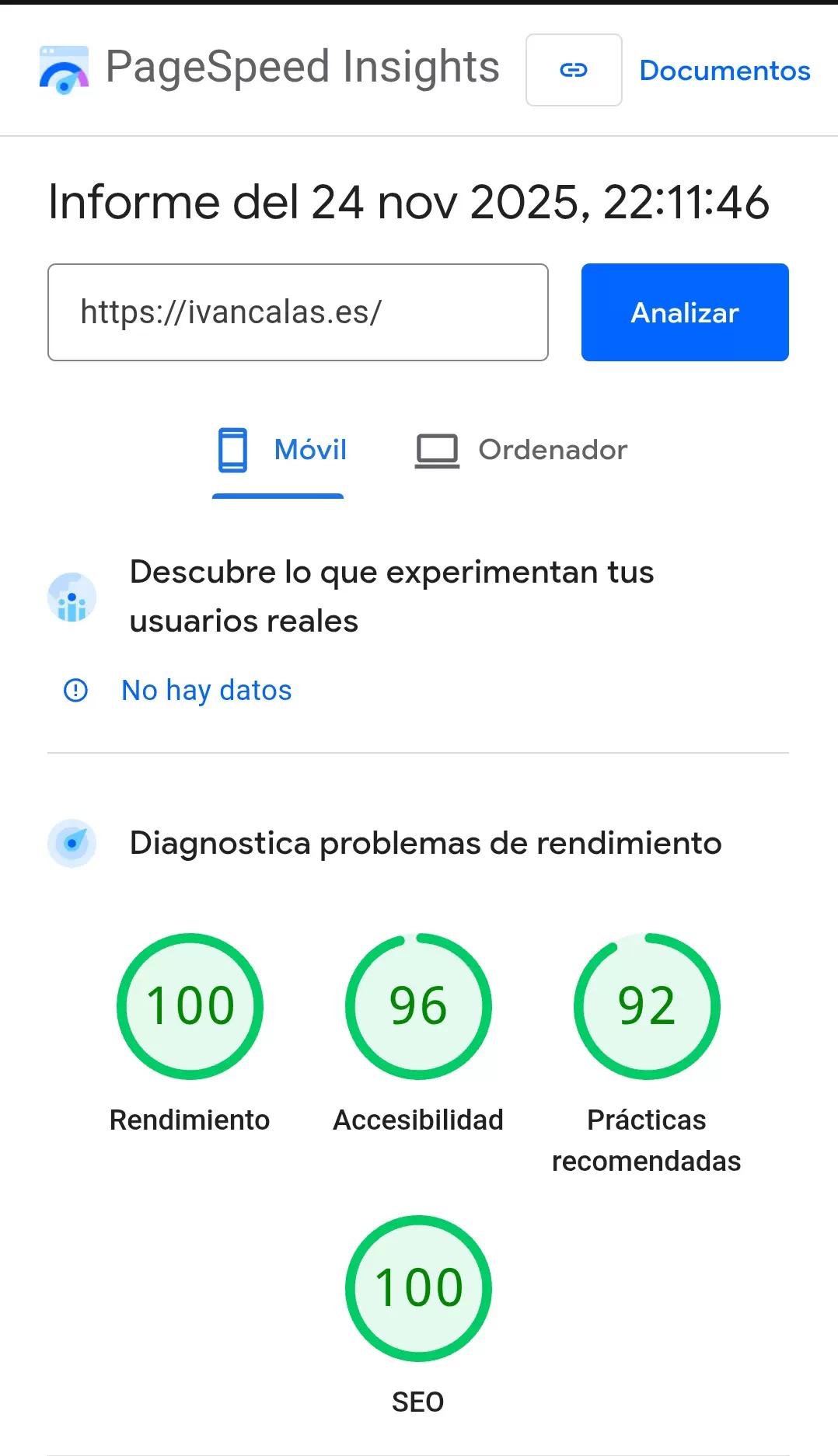 Velocidad de carga web de ivancalas.es