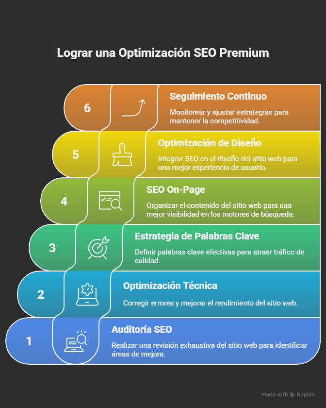 Optimización SEO profesional para que tu web conquiste Google y convierta de verdad 3 Diagrama de proceso de optimización SEO premium: auditoría, optimización técnica y de diseño, SEO on-page, keywords y seguimiento.