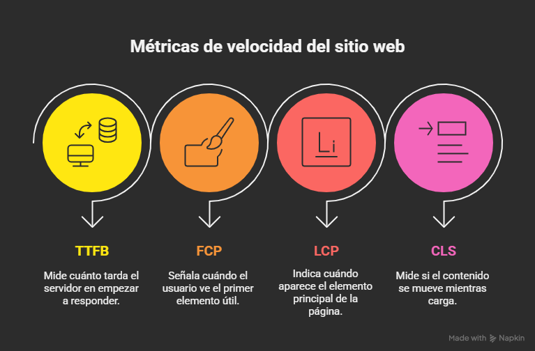 Infografía sobre métricas esenciales para mejorar la velocidad de carga web: TTFB, FCP, LCP y CLS.