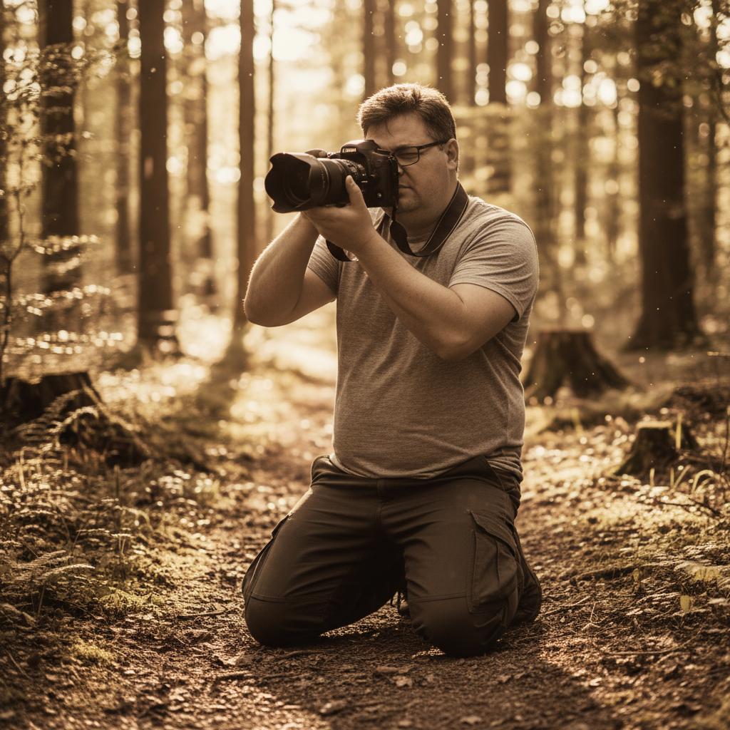 Iván Calás ofreciendo un servicio fotográfico profesional en La Adrada, Ávila, mientras captura imágenes en el bosque.