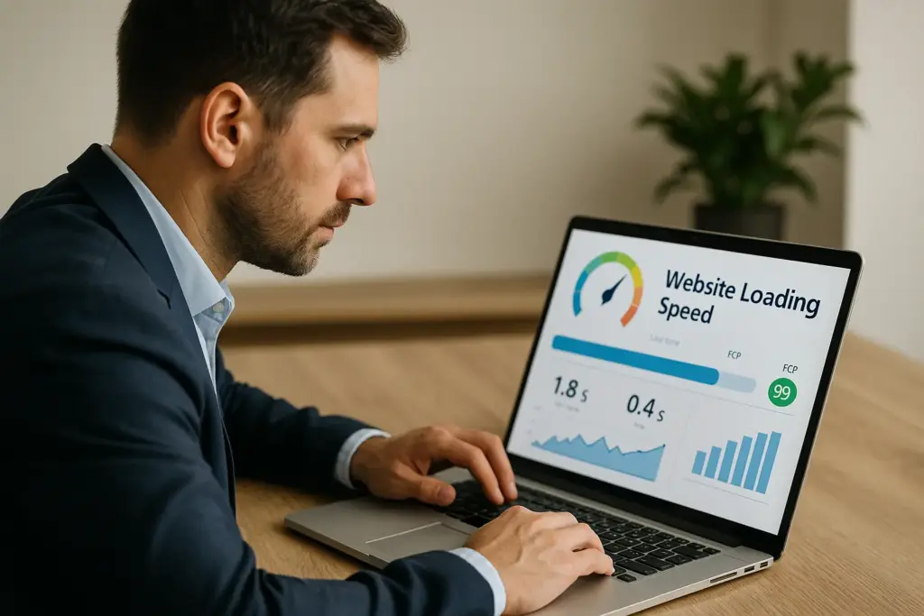 Hombre analizando la velocidad de carga web en su portátil para evaluar el rendimiento de un sitio.