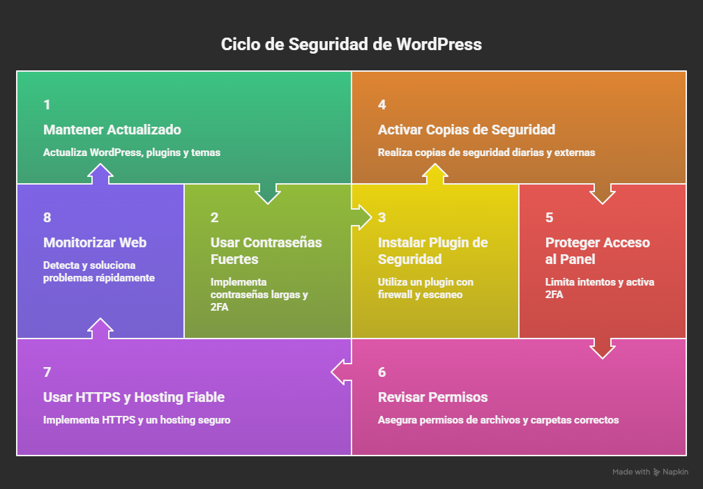 Seguridad WordPress: ciclo de seguridad con pasos como actualizar, copias de seguridad, contraseñas fuertes, plugins de seguridad, HTTPS y monitorización