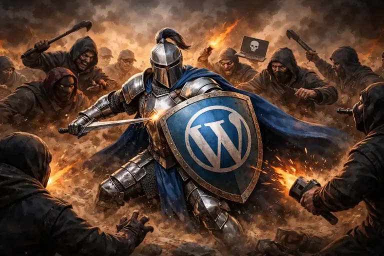 WordPress Security in 2026: Avoid Hacks and Protect Your Website Step by Step 1 Seguridad WordPress: caballero medieval protegiendo un sitio WordPress de ataques digitales