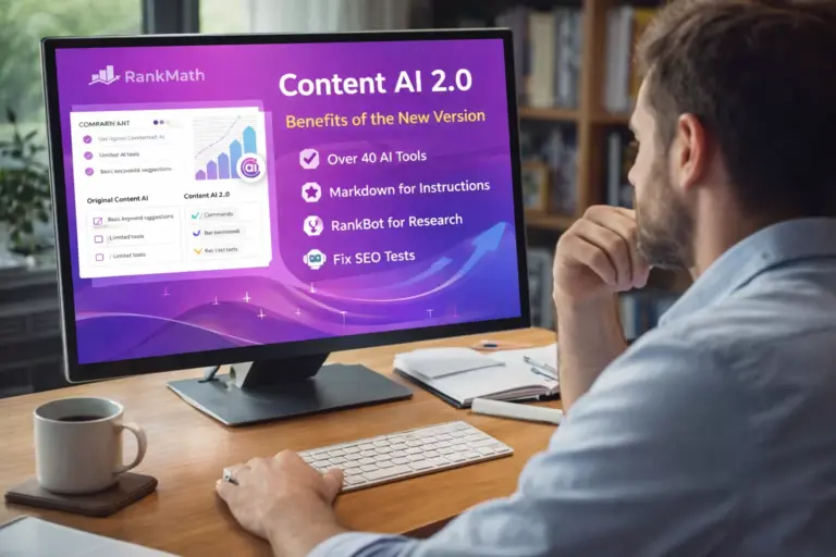 Persona analizando las ventajas de Rank Math Content AI 2.0 en WordPress para mejorar el SEO