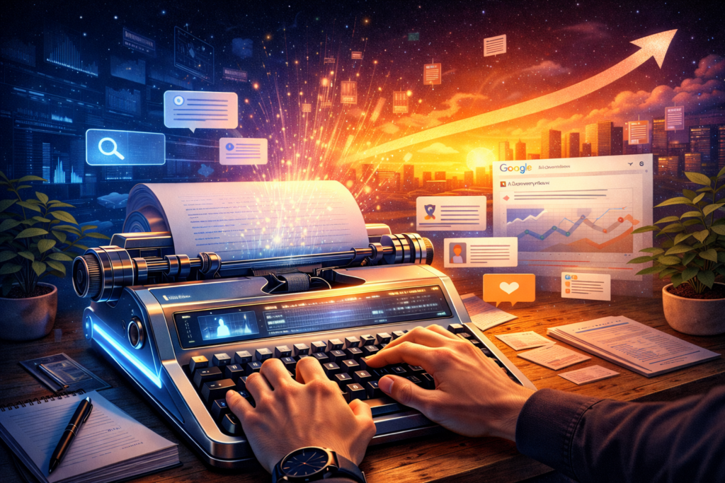 Manos escribiendo en una máquina de escribir futurista con elementos digitales y gráficos flotantes que representan la evolución del SEO en la era de la inteligencia artificial.