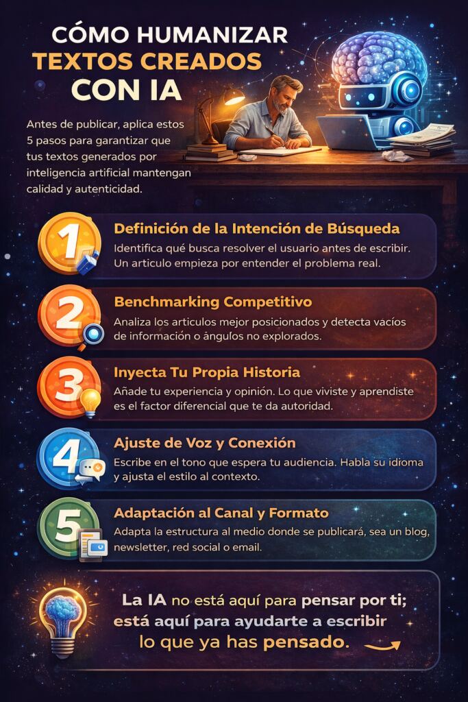 Infografía educativa que explica los cinco pasos clave para aplicar copywriting con inteligencia artificial sin perder la voz humana