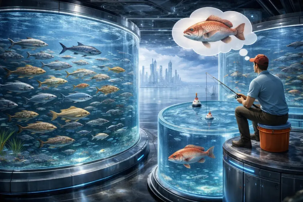 Pescador eligiendo un solo pez en una pecera mientras ignora otra con muchos peces, metáfora del SEO para nichos con pocas búsquedas y alta intención.
