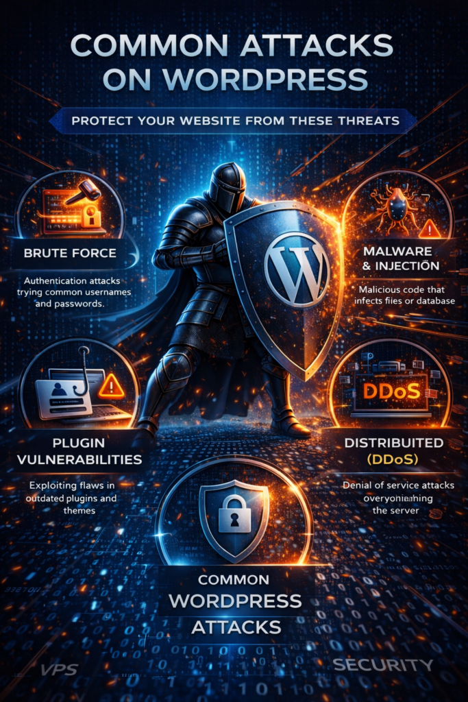 WordPress attacks infographic showing common threats like brute force, malware, DDoS and plugin vulnerabilities