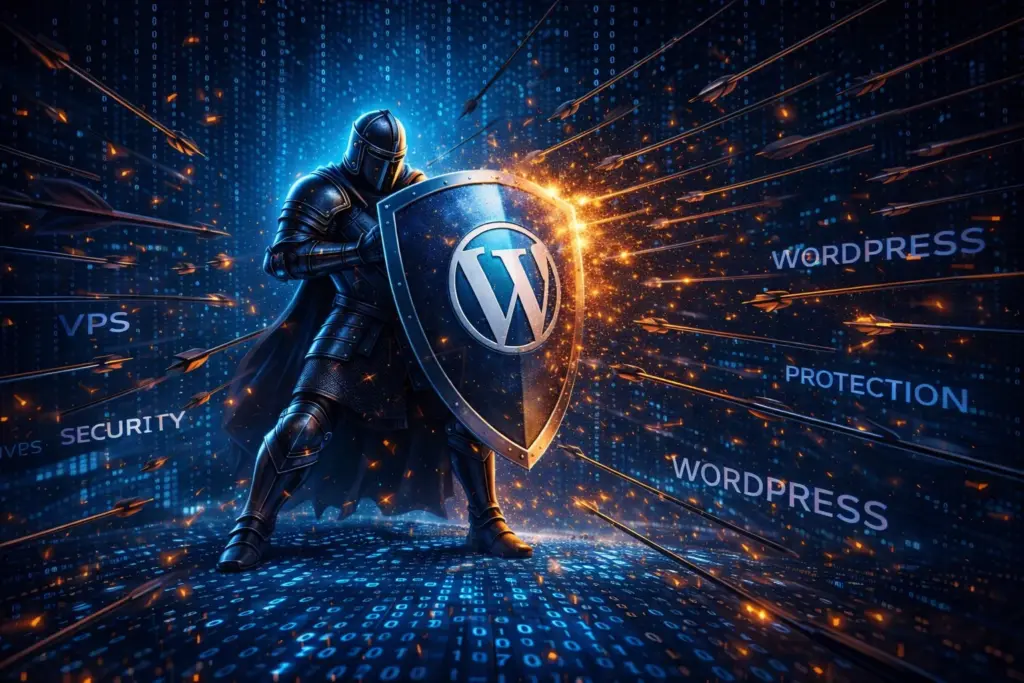 Guerrero medieval simbolizando WordPress defendido de ataques informáticos con escudo, flechas digitales y fondo de seguridad VPS