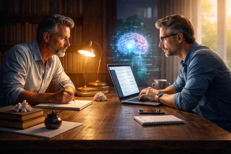 Copywriting with Artificial Intelligence Without Losing the Soul 1 Escritor tradicional frente a su versión moderna usando copywriting con inteligencia artificial en un ordenador portátil