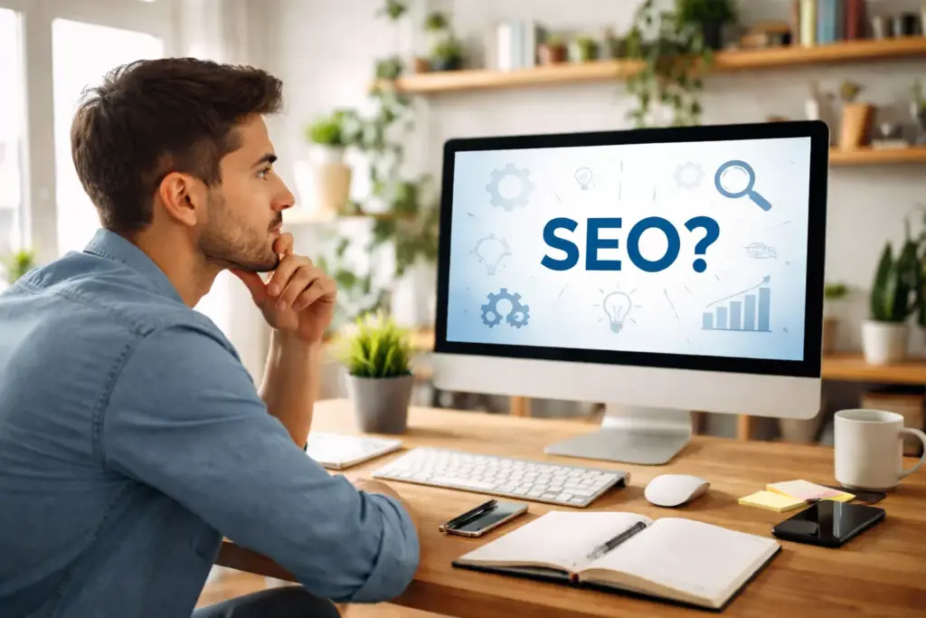 Persona reflexionando sobre SEO frente a una pantalla de ordenador con la palabra SEO