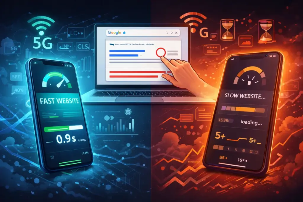 Ilustración tecnológica que compara una web rápida y una web lenta en móvil y ordenador, mostrando barras de carga, métricas de rendimiento y el impacto de la velocidad de carga web en la experiencia de usuario.