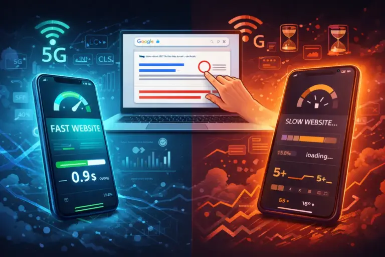 Ilustración tecnológica que compara una web rápida y una web lenta en móvil y ordenador, mostrando barras de carga, métricas de rendimiento y el impacto de la velocidad de carga web en la experiencia de usuario.