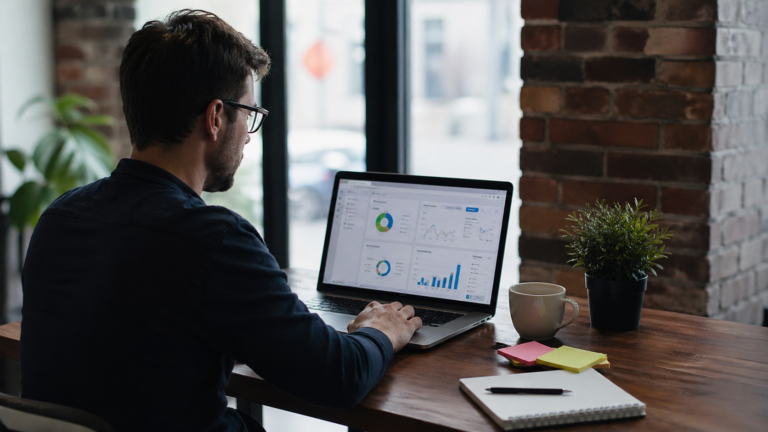 Cómo hacer una auditoría web sin perderte en métricas ni tocar lo que no toca 5 Profesional revisando una auditoría web en un portátil con métricas técnicas