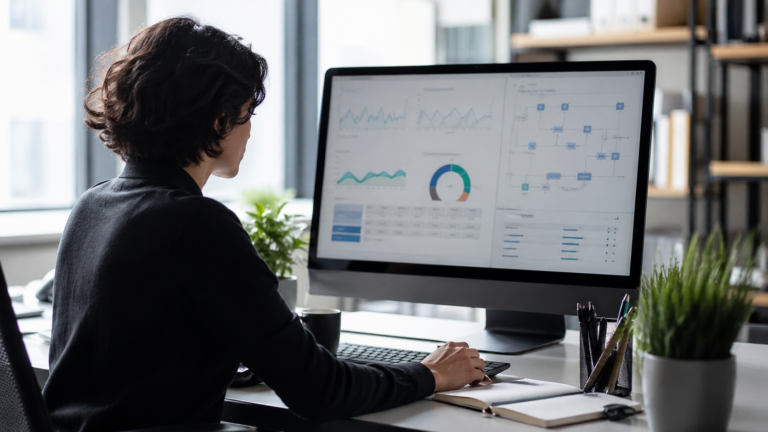 Persona revisando SEO y posicionamiento web en una pantalla con métricas