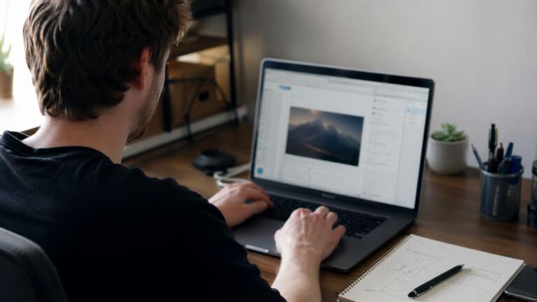 Persona creando una web básica en un ordenador desde casa