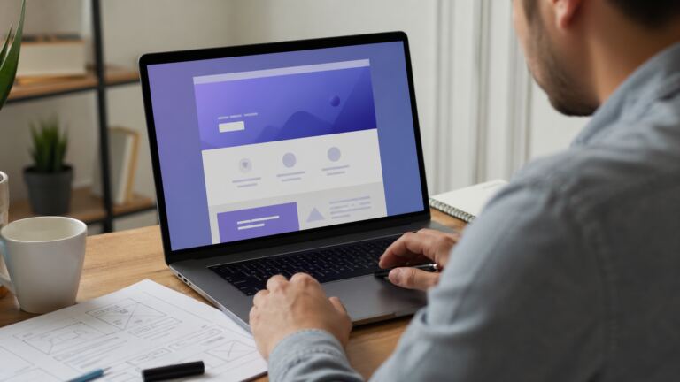 Diseñador revisando la estructura de una landing page de marketing