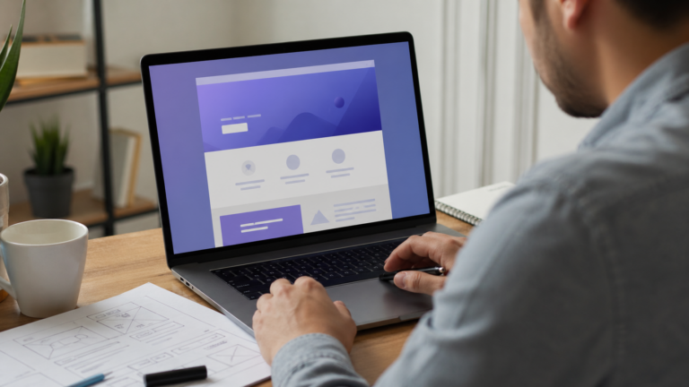 Diseñador revisando la estructura de una landing page de marketing