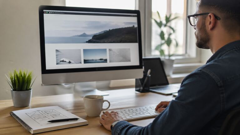 Diseñador trabajando en una web WordPress desde un escritorio profesional