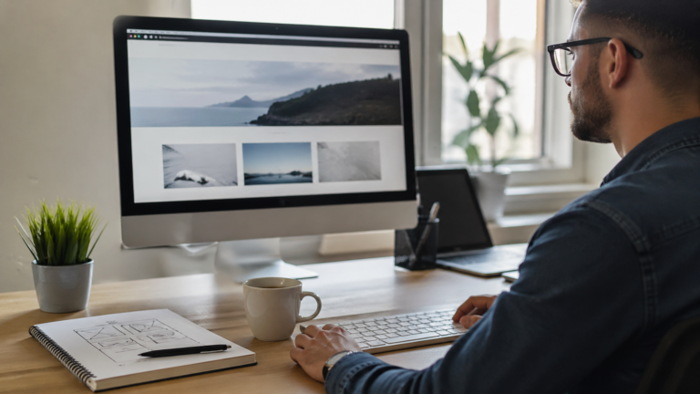 Diseñador trabajando en una web WordPress desde un escritorio profesional