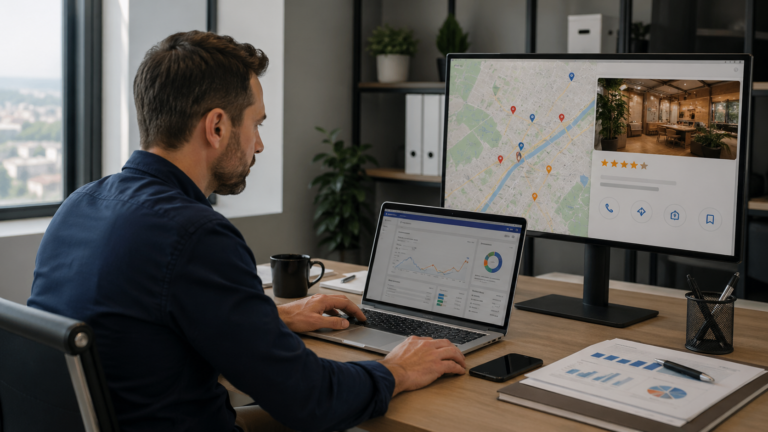 Consultor revisando estrategia de SEO local para un negocio de proximidad