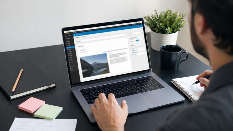 Persona usando WordPress en español desde un portátil