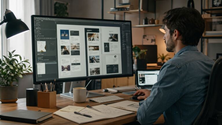 Profesional mejorando un diseño web con apoyo de herramientas de IA