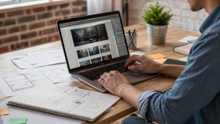 Persona creando páginas web en WordPress en un entorno profesional