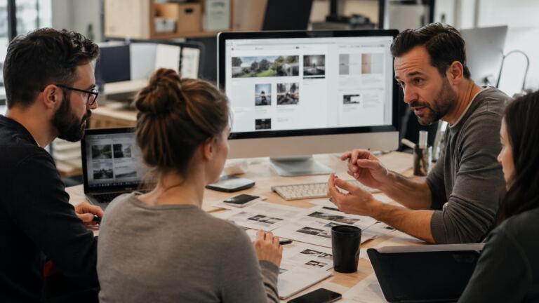 Equipo planificando un desarrollo web para empresa alrededor de una mesa