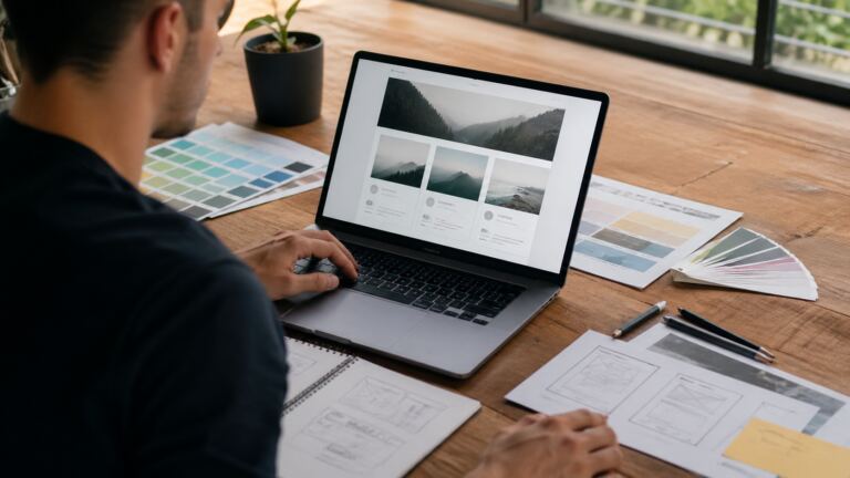 Diseñador revisando una plantilla web en un portátil