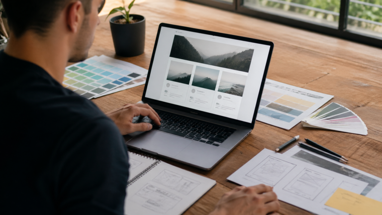Diseñador revisando una plantilla web en un portátil