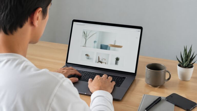 Persona revisando un tema gratuito de WordPress en un portátil