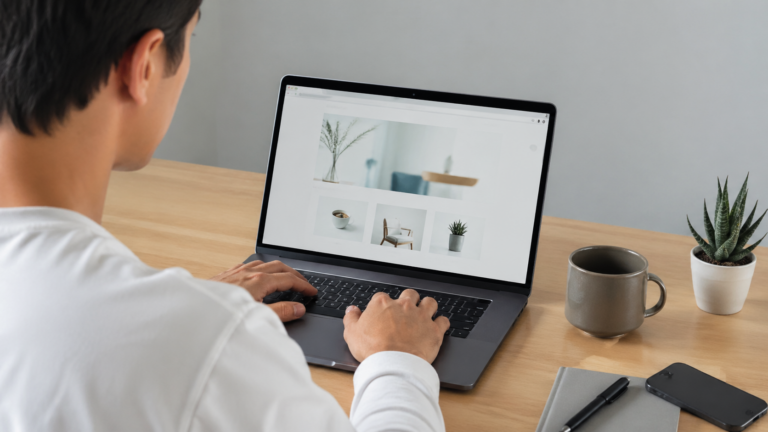 Persona revisando un tema gratuito de WordPress en un portátil