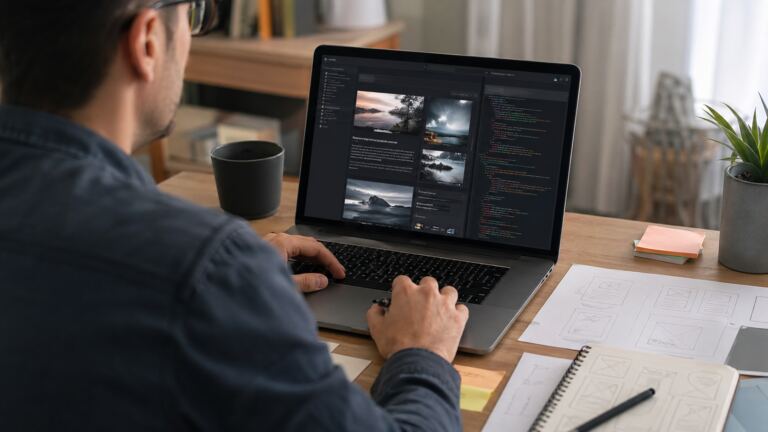 Persona creando una web con apoyo de inteligencia artificial en un portátil