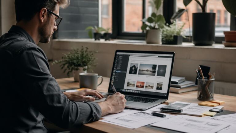 Profesional usando IA para crear o mejorar una web desde un escritorio moderno