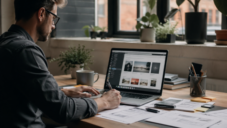 Profesional usando IA para crear o mejorar una web desde un escritorio moderno