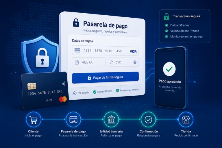 Ilustración de una pasarela de pago online segura mostrando el flujo completo de una transacción digital: cliente, checkout, procesamiento del pago, validación bancaria y confirmación del pedido. La imagen destaca seguridad, cifrado, tokenización, autenticación y pagos electrónicos para comercio electrónico.